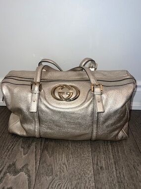 Authentic Gucci Britt Boston Metallic Gold Leather Travel Duffel